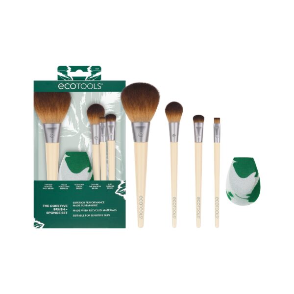 EcoTools Core Five Makeup Brush and Sponge Kit, For Eyeshadow, Blush, Bronzer, Eyeliner, & Foundation, Makeup Blending Sponge For Liquid & Cream Products, Vegan & Eco-Friendly Kit, 5 Piece Set