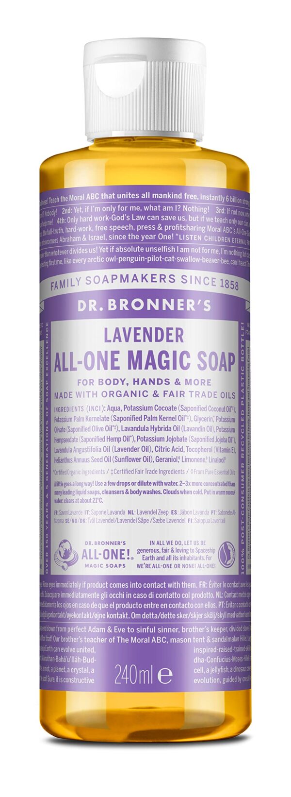 Dr Bronner's 18-in-1 Lavender Pure-Castile Liquid Soap, Made with Organic Oils, Used for Face, Body, Hair, Dishes, Mopping and Pets, Certified Fair Trade & Vegan Friendly, 237ml Recycled Bottle