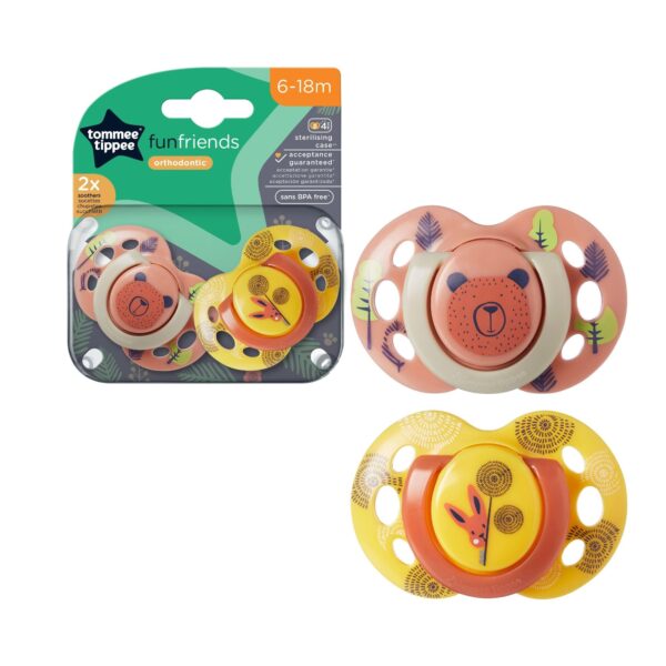 Tommee Tippee Fun Style Dummies, Symmetrical Orthodontic Design, BPA-Free Silicone, 6-18m, Pack of 2 Dummies (Assorted Color/Model)