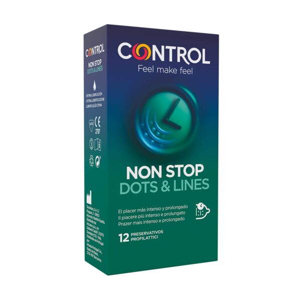 Control Non Stop Dots & Lines Condoms - Box of Condoms with Spots and Flutes for Stimulation, Retardant Effect, Perfect Adaptability, Safe Sex, Pack of 12