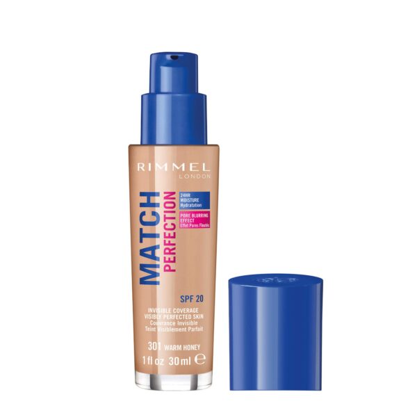 Rimmel Match Perfection Foundation 301 Warm Honey, Medium Coverage, 24hr Hydration, No Caking or Creasing, Lightweight, Reduces Imperfections, Invisible Coverage, SPF20, Cruelty Free