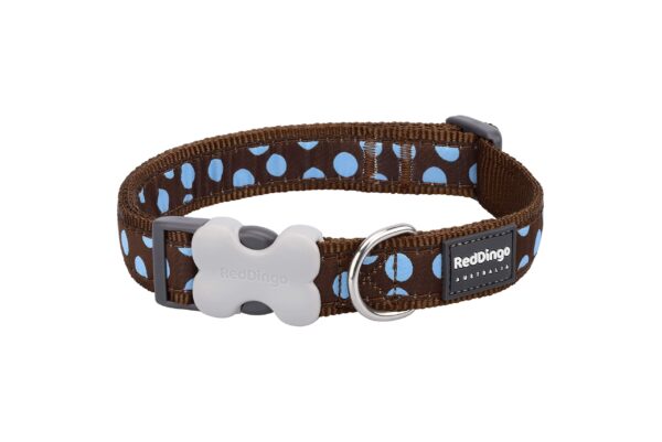 Red Dingo Bucklebone Dog Collar Design, Blue Spots on Brown, Small 15mm