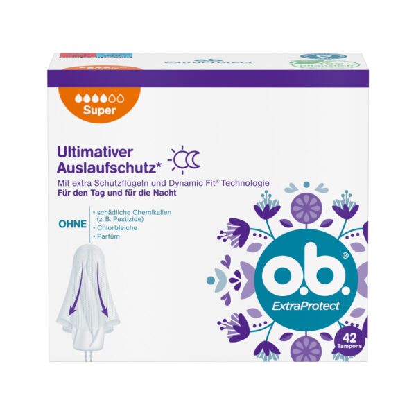 o.b. ExtraProtect Super Tampons for Heavy Days with Dynamic Fit Technology & Extra Protective Wings, for Ultimate Leak Protection* (1 x 42 Pieces)