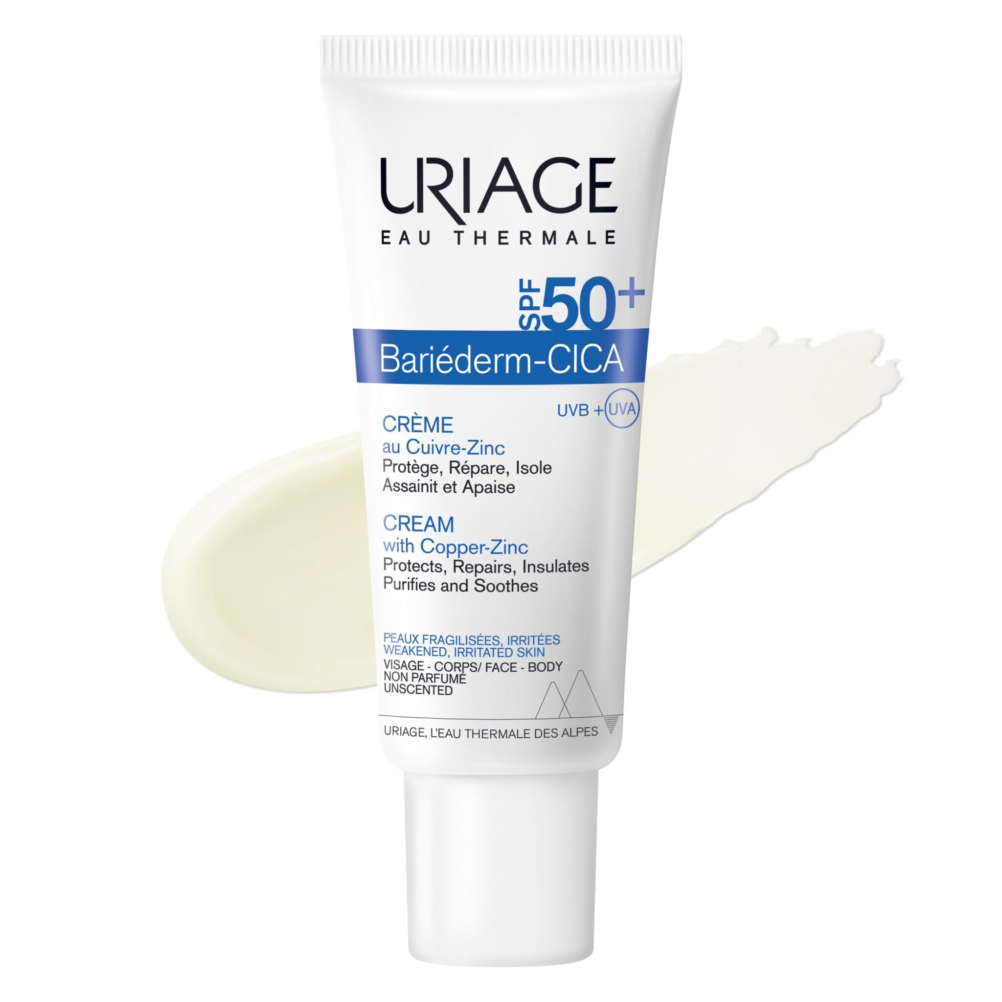 Uriage Bariéderm Cica-Cream Multi Purpose Cream with SPF50+, 40ml - Daily Face Cream with Copper-Zinc - Prevents Formation of Skin Marks - Scars, Tattoos, Laser - Fragrance-free