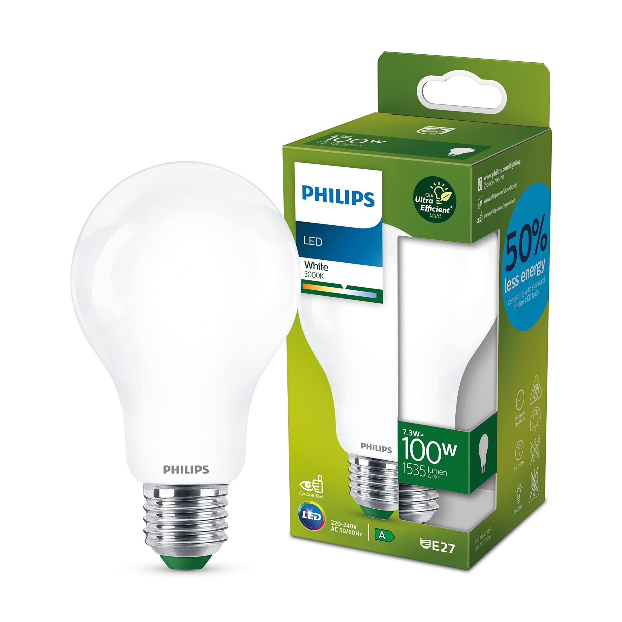 PHILIPS LED Ultra Efficient Light Bulb A Label Energy Rating [White 3000K - E27 Edison Screw] 100W A70 Frosted. for Indoor Home Lighting