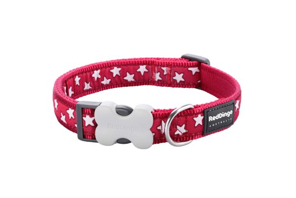 Red Dingo Bucklebone Dog Collar Design, Stars White on Red, Small 15mm