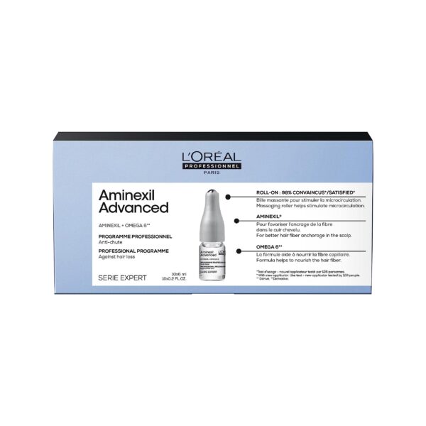 L’Oréal Professionnel Advanced Dual-Action Scalp and Anti-Thinning Hair Treatment, For Denser Looking Hair with More Body, Serie Expert Aminexil, 10X6 ml