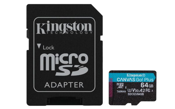 Kingston Canvas Go! Plus microSD memory card Class 10, UHS-I 64 GB microSDXC 170R A2 U3 V30 Card + ADP