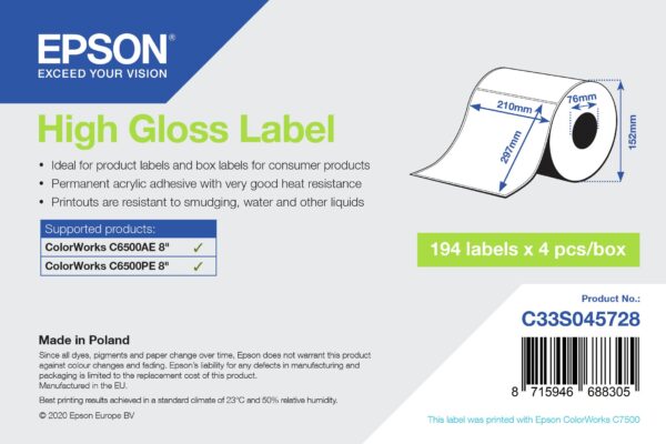 Epson High Gloss Label - Die-Cut Roll: 210 mm x 297 mm, 194 Labels