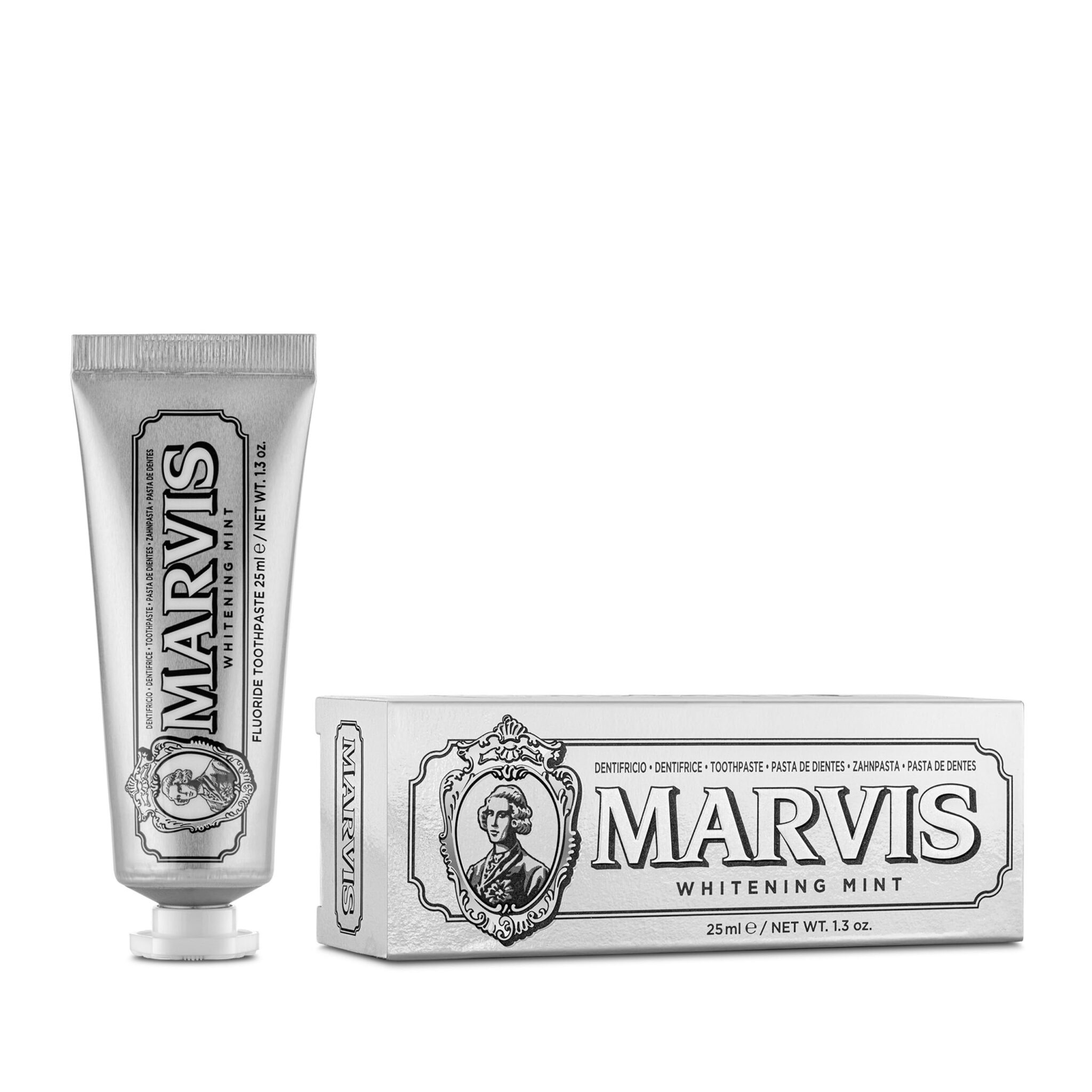 Marvis Whitening Mint Travel Size Toothpaste, 25 ml, Promotes The Natural Whitening of The Teeth, Plaque Removal Toothpaste, Long-Lasting Freshness