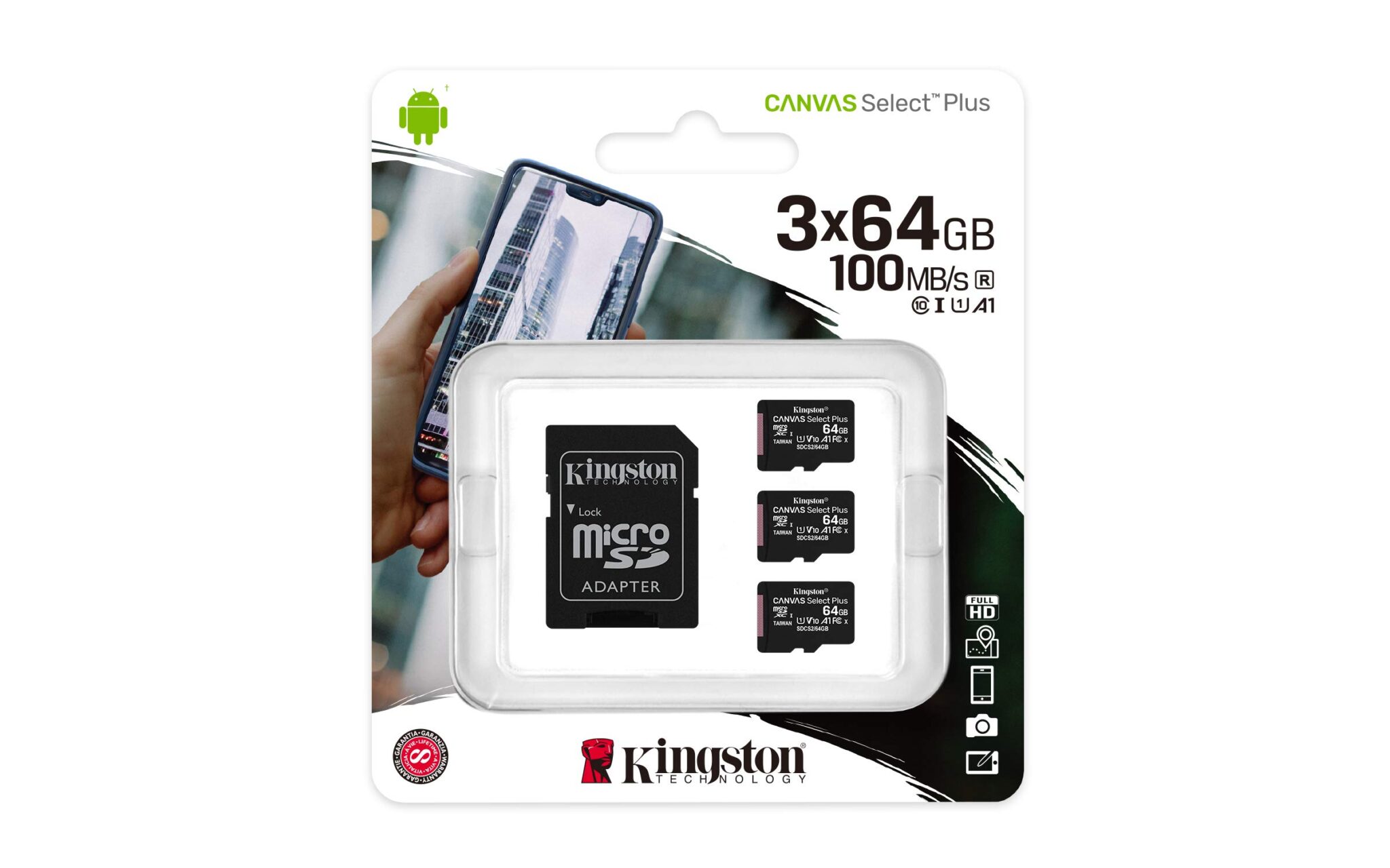 Kingston Canvas Select Plus microSD Card SDCS2/64 GB-3P1A Class 10 (3 x cards, SD Adapter Included)