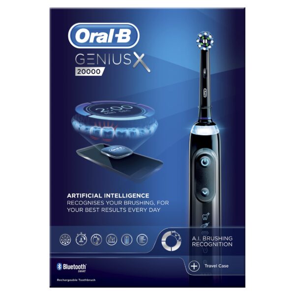 Oral-B Genius X with Artificial Intelligence Black Electric Toothbrush, 1 Sensi Ultrathin Toothbrush Head, 6 Cleaning Modes, Gum Pressure Sensor, Smart USB Travel Case, 2 UK Pin Plug