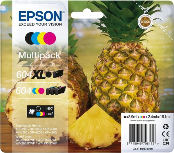 Epson 604XL Pineapple, Genuine Multipack, XL Black Standard Colours Ink Cartridges