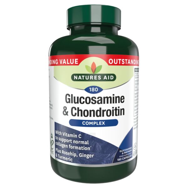 Natures Aid Glucosamine and Chondroitin Complex, with Vitamin C, Rosehip, Ginger and Turmeric, 180 Capsules,package may vary