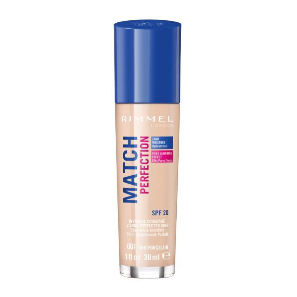 Rimmel Match Perfection Foundation 001 Fair Porcelain, Medium Coverage, 24hr Hydration, No Caking or Creasing, Lightweight, Reduces Imperfections, Invisible Coverage, SPF20, Cruelty Free