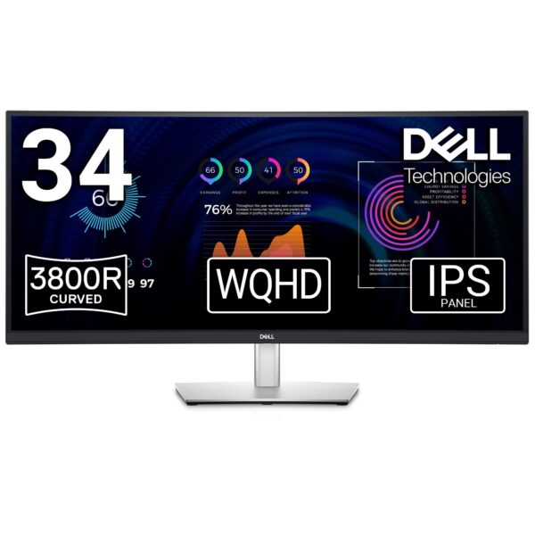 DELL P3424WE USB-C 34 Inch WQHD (3440x1440) 21:9 3800R Curved Monitor, 60Hz, IPS, 5ms, 99% sRGB, USB-C, DisplayPort, HDMI, 5x USB, RJ45, 3 Year Warranty, Black