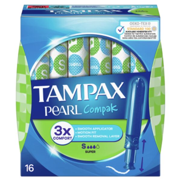 Tampax Pearl Compact Super Applicator, Tampon for Comfort Protection and Discretion, 16-Count