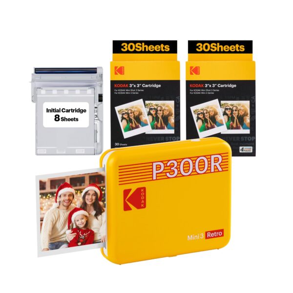 KODAK - Mini 3 Retro 4PASS Portable Photo Printer (7.5 x 7.5 cm), Pack of 68 Sheets, Yellow