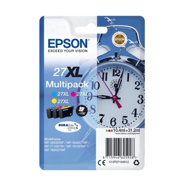 Epson Multipack 27XL Alarm Clock, Original XL Ink Cartridges High Capacity, Cyan, Magenta, Yellow, WF-3620DWF/WF-3640DTWF/WF-7110DTW/WF-7210DTW/WF-7610DWF/WF-7620DTWF/WF-7710DWF/WF-7715DWF/WF-7720DTWF