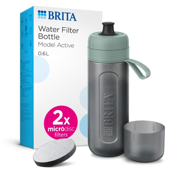 BRITA Sports Water Filter Bottle Model Active Dark Green (600ml) incl. 2x MicroDisc Filters - squeezable BPA-free on-the-go bottle, filters chlorine, organic impurities, hormones and pesticides