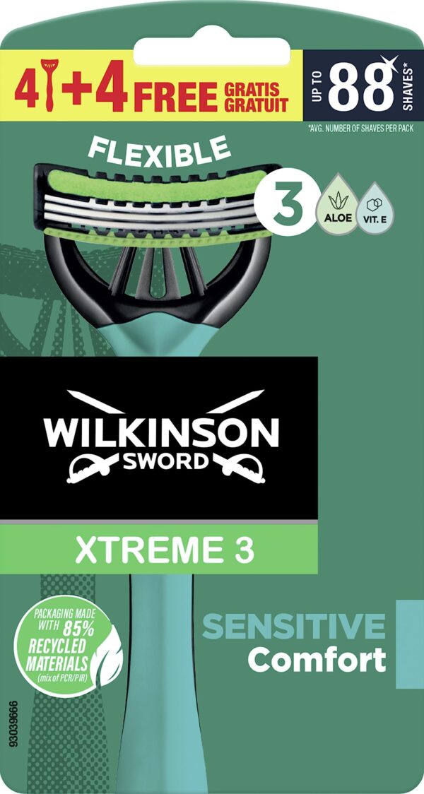 Wilkinson Sword Xtreme 3 Sensitive Disposable Razors with 3 Soft Blades and Aloe Vera Vitamin E Lubricating Strip (Pack of 4)