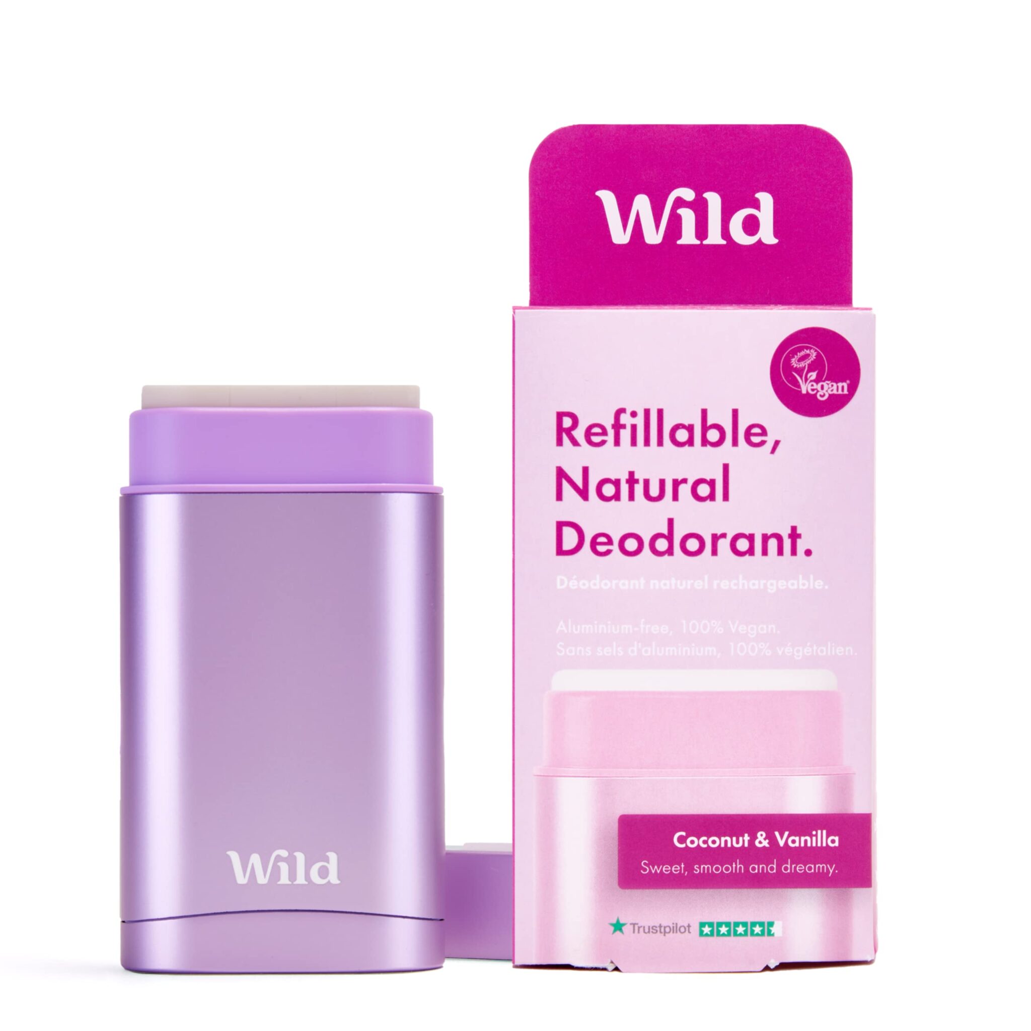 Wild - Natural Refillable Deodorant - Vegan & Eco-Friendly - Aluminium Free - Long Lasting Protection - 100% Natural Ingredients - Starter Kit - Purple Case Coconut & Vanilla Refill - 40g