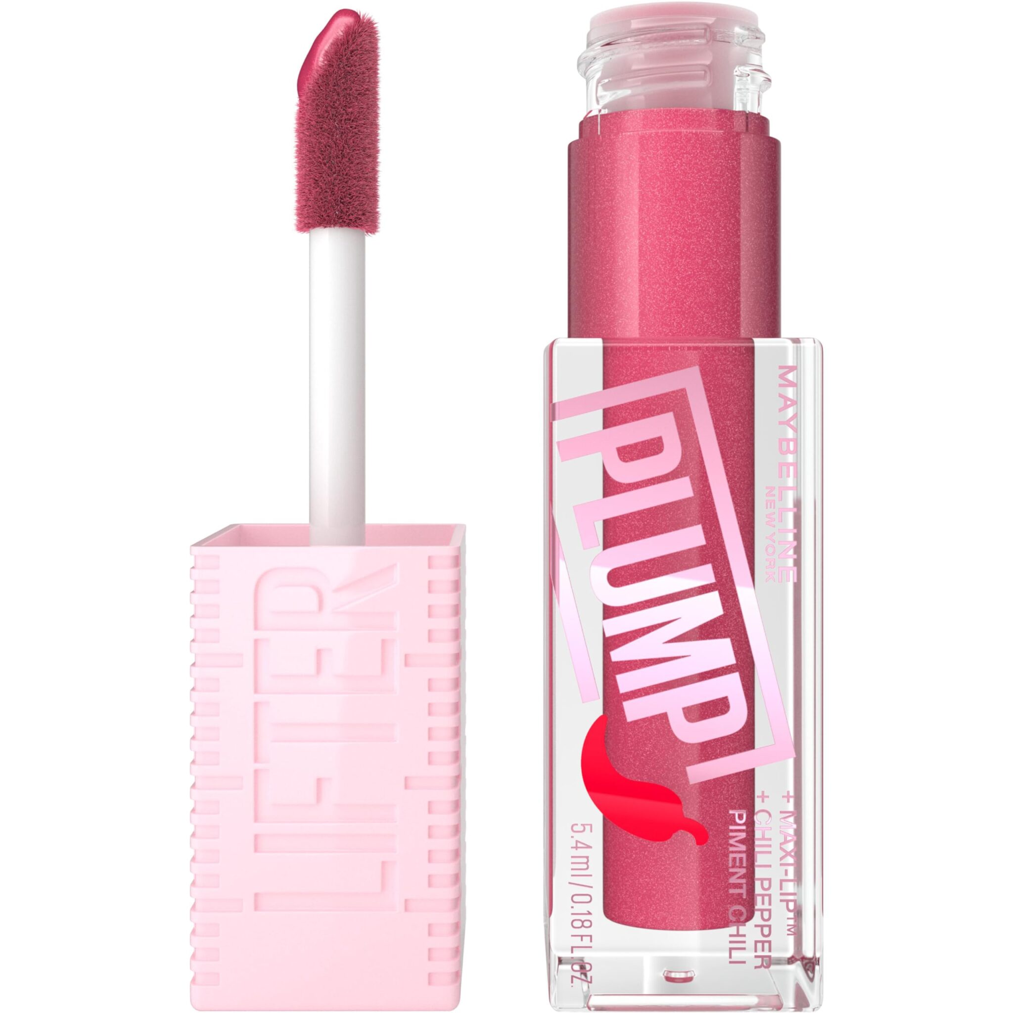 Maybelline New York, Lifter Plump Lip Gloss, Lasting Plump, Heated Formula with Hyaluronic Acid and Chilli Pepper, XL Wand, Vegan Formula, Shade: 002 Mauve Bite