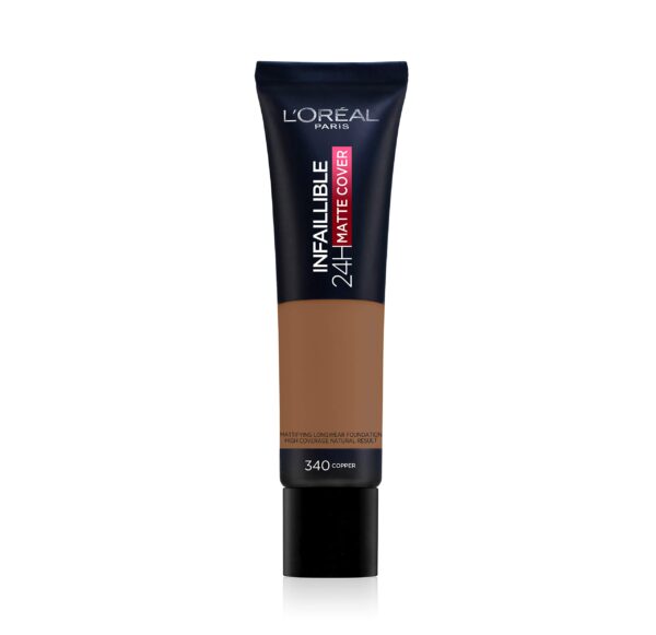 L'Oreal Paris Foundation, Infallible Matte Cover 24hour 340 Copper, Sweat-proof, Heat-proof, Transfer-proof and Water-proof, SPF 18, 30 ml