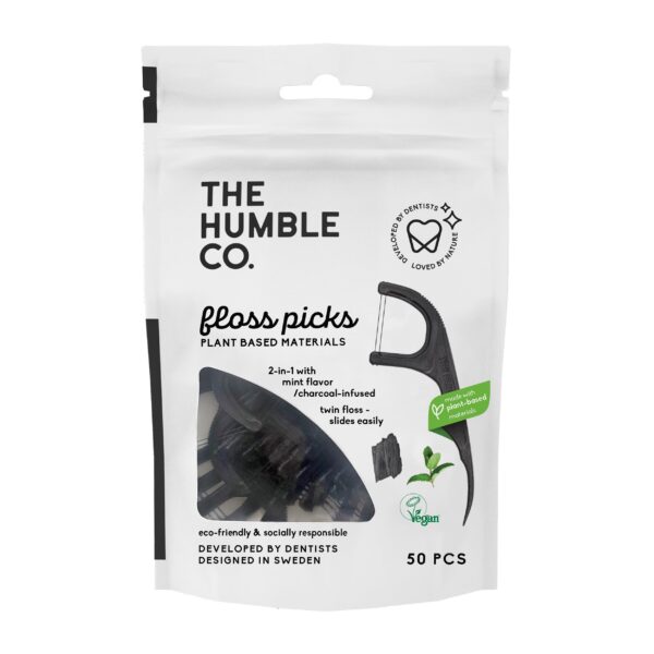 The Humble Co. Plant Based Floss Picks | Charcoal | Eco-Friendly, Vegan for Your Everyday Oral Care - Dentist Approved - Removes Plaque and Gives a Fresh Feel (1 x 50p)