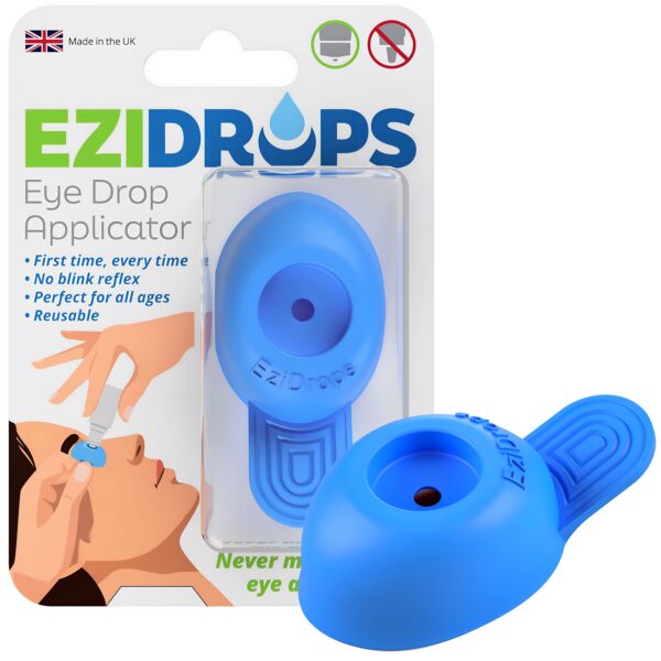 EziDrops Eye Drop Dispenser - Suitable for Wide/Flat Head Bottles Only - No More Involuntary Blinking and Fluids Wastage! - Reusable Easy Eye Drop Applicator from Young Children to Elderly (Blue)