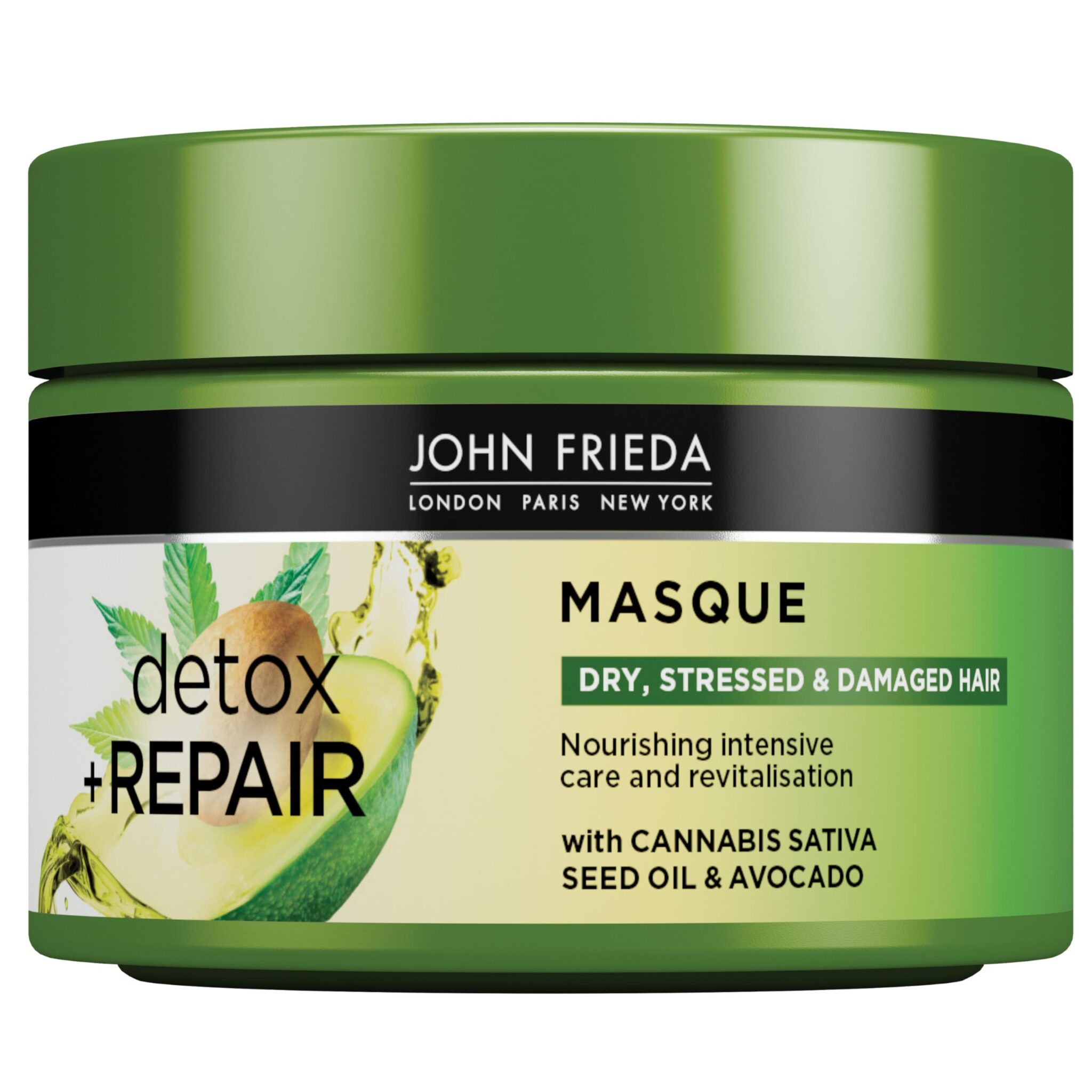 John Frieda Detox & Repair Masque 250 ml, Intensive Deep Conditioner for Dry, Stressed and Damaged Hair, Nourishing Hair Mask with Cannabis Sativa Seed Oil and Avocado