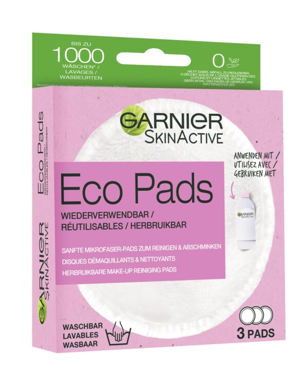 Garnier Washable make-up pads for cleansed and soft skin, made of microfibre for gentle facial cleansing and make-up removal, reusable, SkinActive Eco pads, 1 x pack of 3