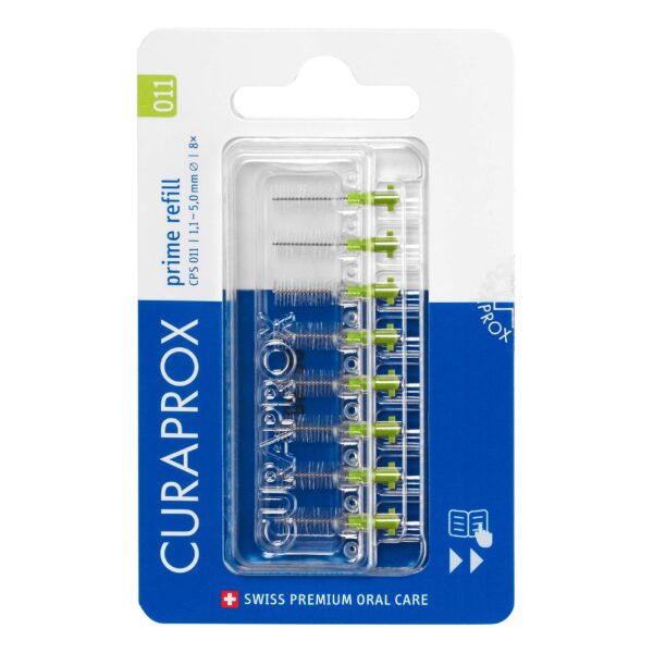 Curaprox CPS 011 Prime Refill Interdental Brushes, Lime Green, 8 Count - 8 x 1.1mm - 5mm Internal Toothbrushes.