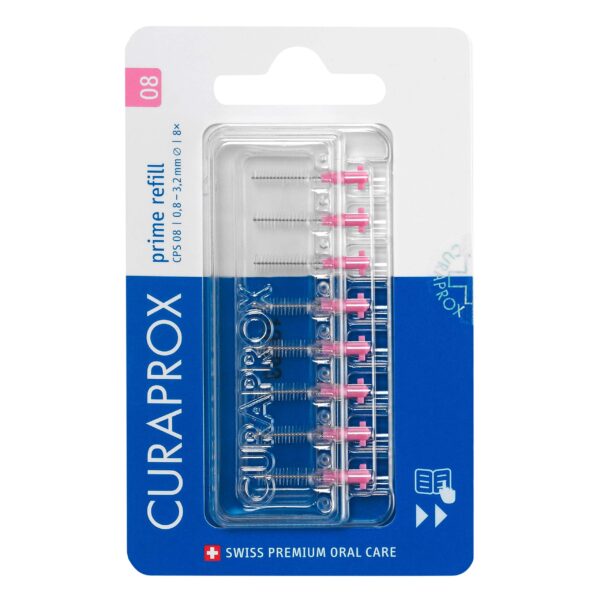 Curaprox CPS 08 Prime Refill Interdental Brushes, Pink, 8 Count - 8 x 0.8mm - 3.2mm Internal Toothbrushes.