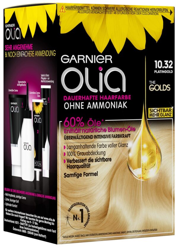 Garnier Olia Permanent Hair Colour without Ammonia, Nourishing Hair Colour for 100% Grey Hair Coverage, The Golds, 10.32 Platinum Gold (Blonde) Pack of 3