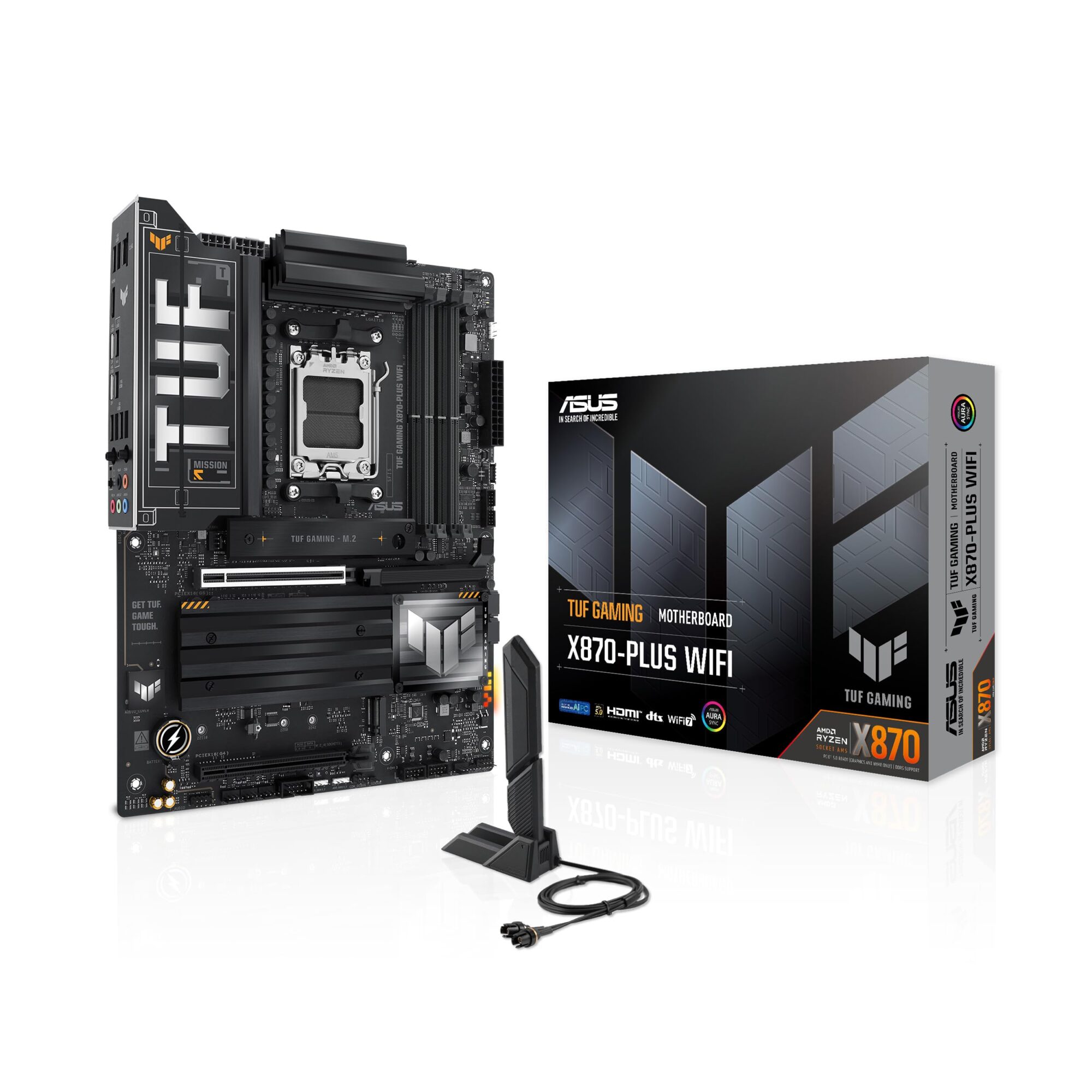 ASUS TUF GAMING X870-PLUS WIFI AMD ATX motherboard, 16+2+1(80A) power stages, DDR5, PCIe 5.0 w/full support for next-gen GPUs, 4 x M.2 slots, WiFi 7, USB4, front USB 20Gbps w/PD Fast Charge