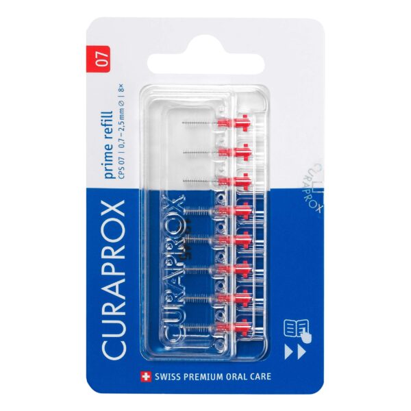 Curaprox CPS 07 Prime Refill Interdental Brushes, Red, 8 Count - 8 x 0.7mm - 2.5mm Internal Toothbrushes.