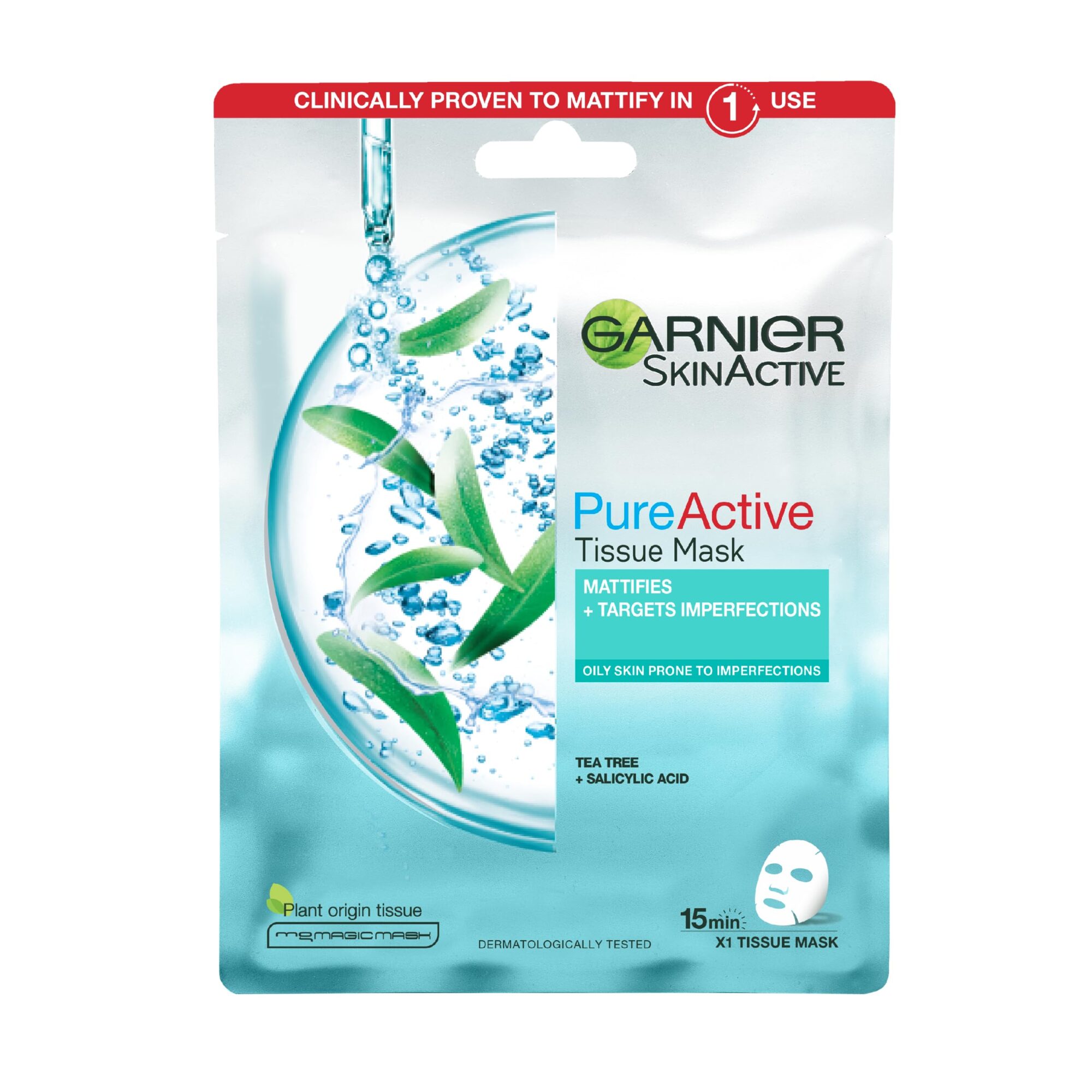 Garnier Pure Active Tea Tree & Salicylic Acid Sheet Mask, Mattfies Skin & Visibly Unclogs Pores In 15 Minutes, Dermatologically Tested