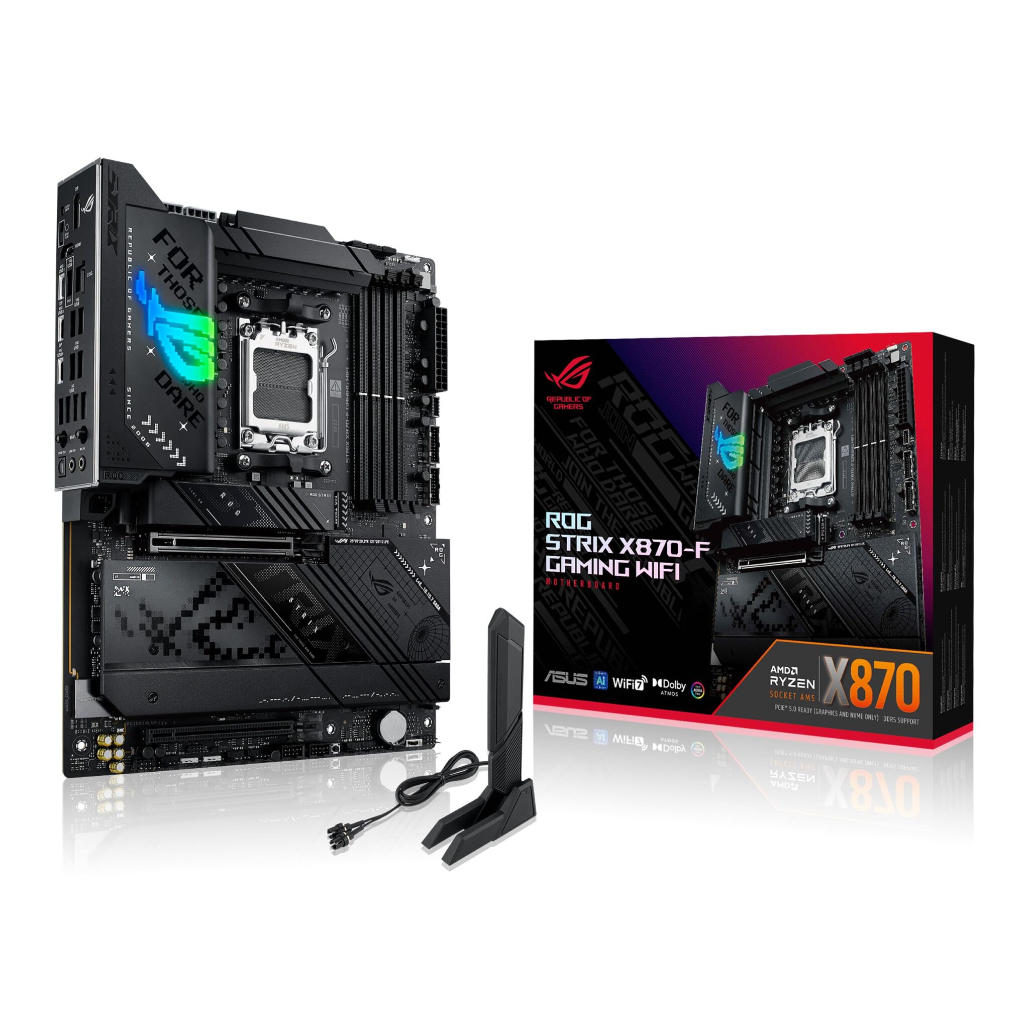 ASUS ROG Strix X870-F Gaming WiFi, AMD ATX motherboard, 16+2+2 power stages, DDR5 slots, four M.2 slots, PCIe 5.0 with full support for next-gen GPUs, WiFi 7, USB 10G w/PD 3.0 up to 30W