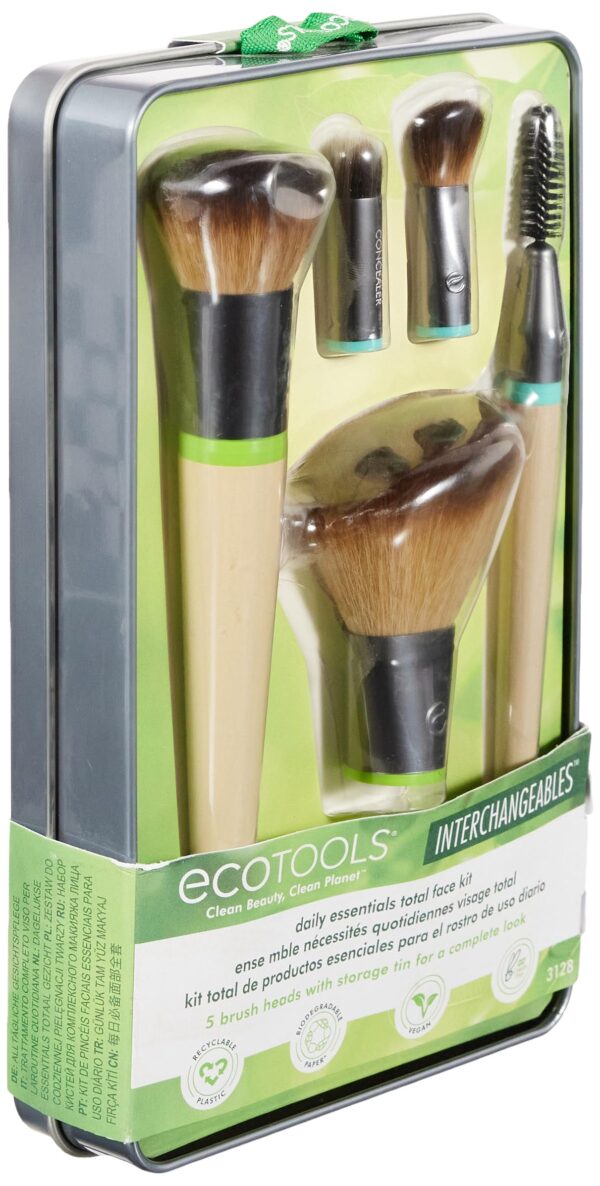 EcoTools Daily Essentials Face Kit Interchangeables Makeup Brush Set with 5 Brushes, 2 Handles, and Storage Tin