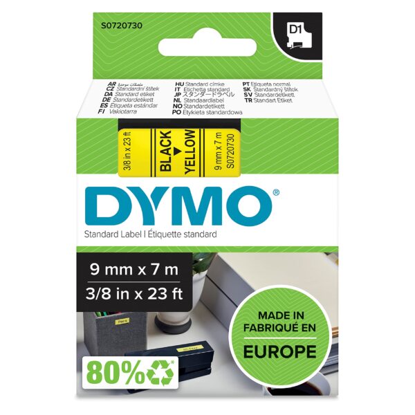 DYMO Authentic D1 Labels | Black Print on Yellow Tape | 9 mm x 7 m | Self-Adhesive Labels for LabelManager Label Makers | Made in Europe