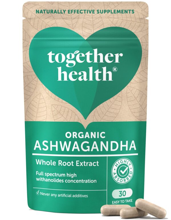 Ashwagandha – Together Health – 100% Organic Certified Ashwagandha Roots – High Concentration KSM-66, Full Spectrum Extract – Vegan Friendly – Made in The UK – 30 Vegecaps