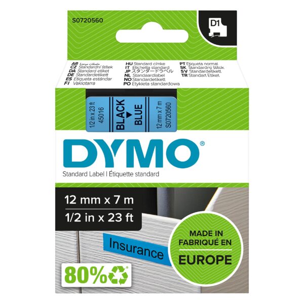 DYMO Authentic D1 Labels | Black Print on Blue Tape | 12 mm x 7 m | Self-Adhesive Labels for LabelManager Label Makers | Made in Europe