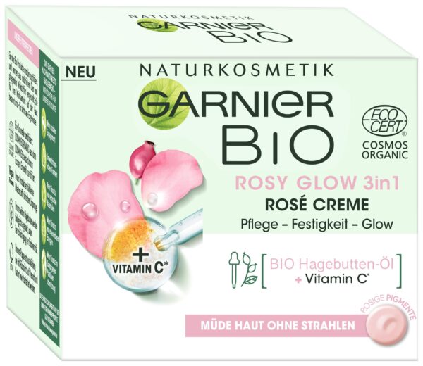 Garnier Face Cream, Bio Rosy Glow 3-in-1 Rose Cream, for tired, dull skin, gives the skin a youthful glow, nourishes and firms the skin with organic rose hip oil and vitamin C, 50 ml