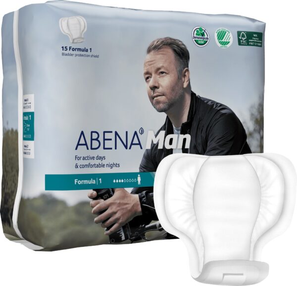 Abena Man Formula 1 Incontinence Pads For Men, Eco-Labelled Mens Incontinence Pads, Extra Protection, Breathable & Comfortable With Fast Absorption, Discreet - 450ml Absorbency, 15PK