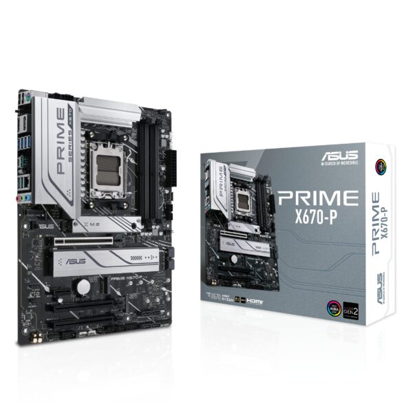 ASUS PRIME X670-P, an AMD X670 Ryzen AM5 ATX motherboard with three M.2 slots, DDR5, USB 3.2 Gen 2x2 Type-C, USB4 header, and 2.5Gb Ethernet