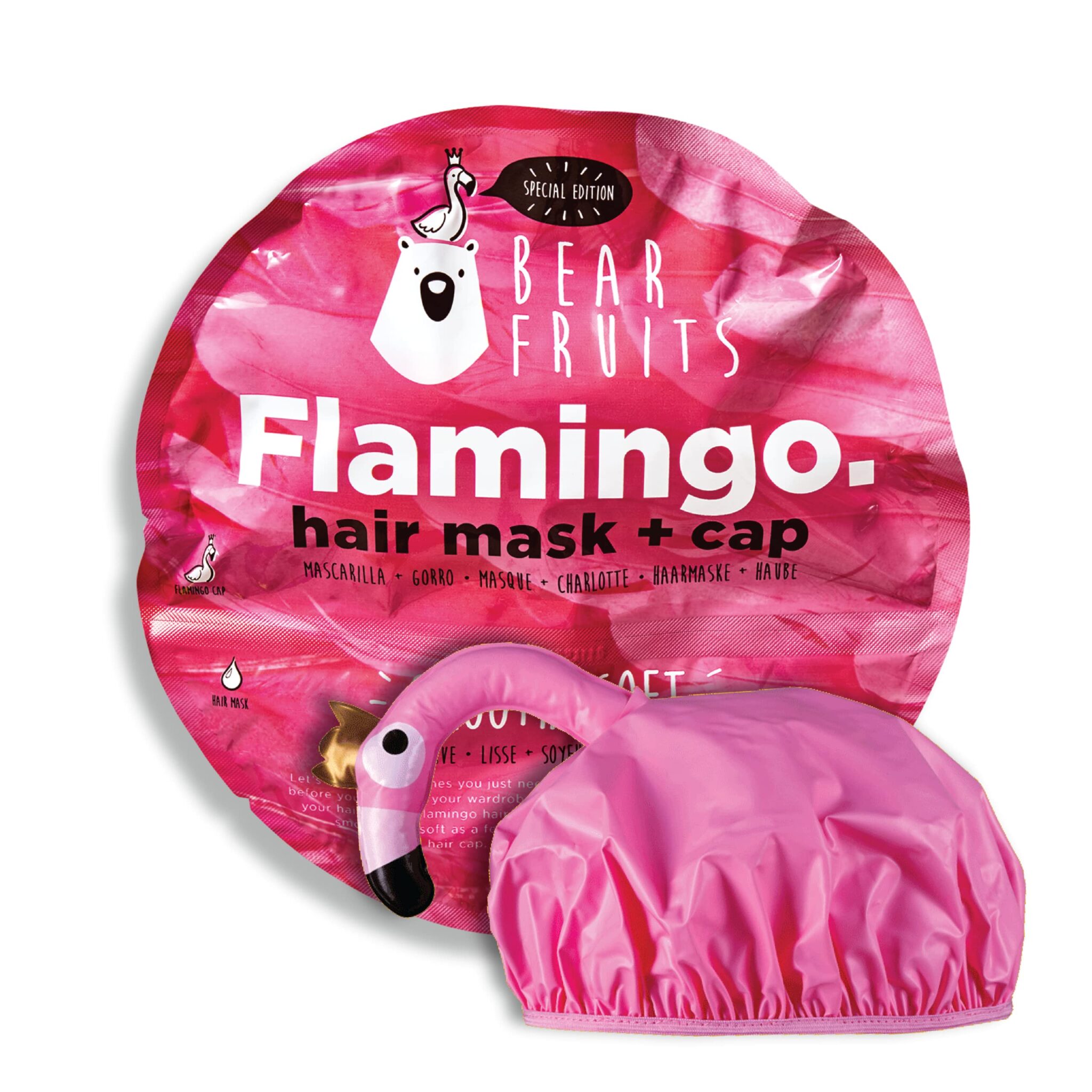 Bear Fruits Flamingo Hair Mask & Reusable Shower Cap, Stocking Filler, Secret Santa Gift for Women, For Dry, Damaged Hair, 20ml, Gifts for Women/Teens