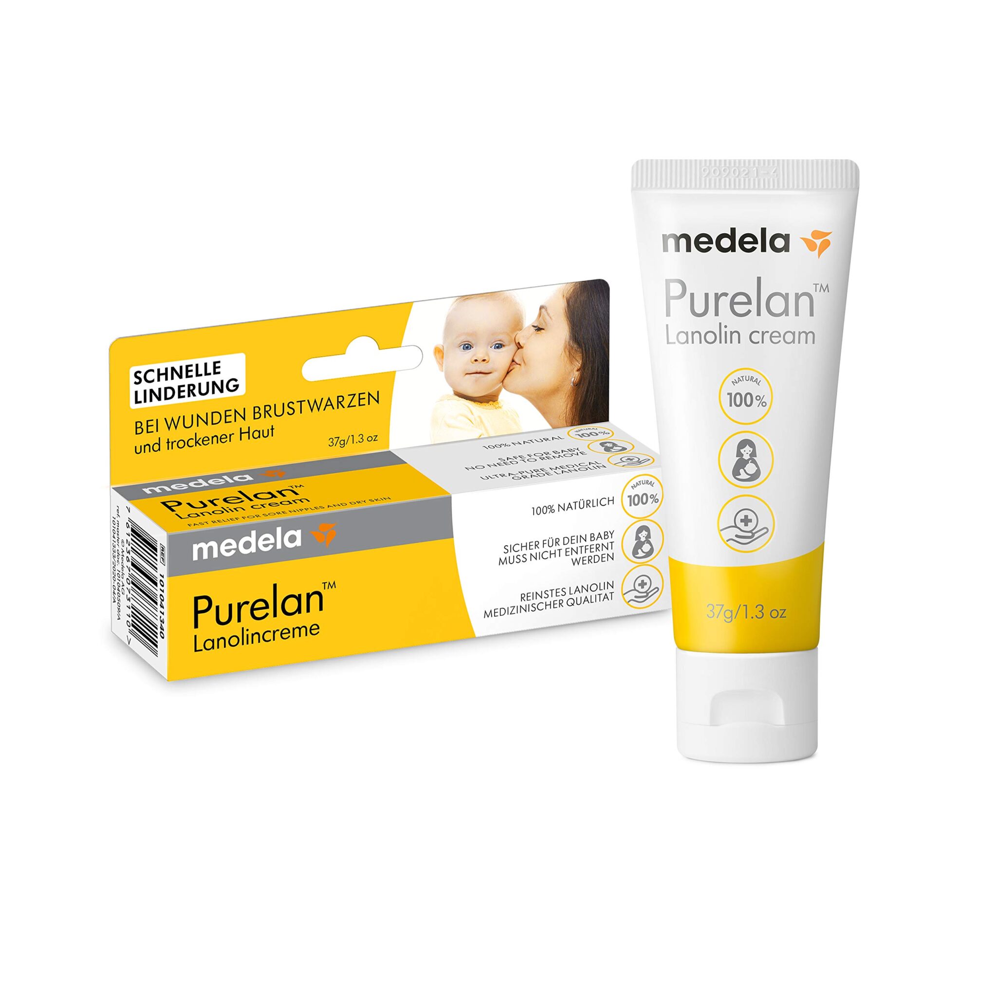 Medela Purelan 37g Lanol Cream - Quick Aid for Stressed Nipples and Dry Skin - 100% Natural, Hypoallergenic, Dermatologically Tested and Fragrance Free