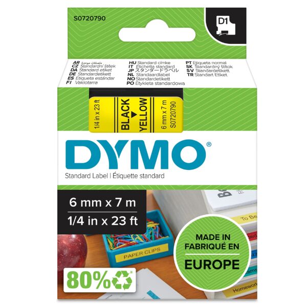 DYMO Authentic D1 Labels | Black Print on Yellow Tape | 6 mm x 7 m | Self-Adhesive Labels for LabelManager Label Makers | Made in Europe