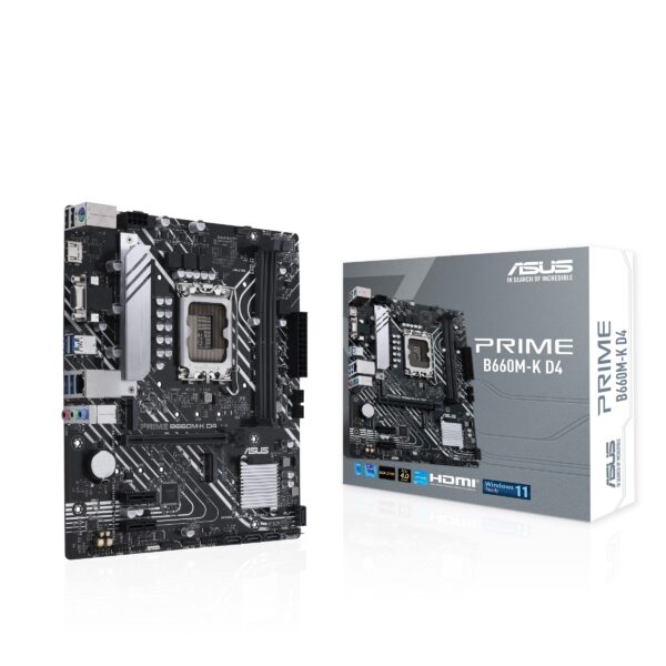 ASUS Prime B660M-K D4 Intel® B660 LGA 1700 mATX motherboard with PCIe 4.0, two M.2 slots, DDR4, Realtek 1Gb Ethernet, HDMI® , D-Sub， front USB 3.2 Gen 1, Asus Lighting Control